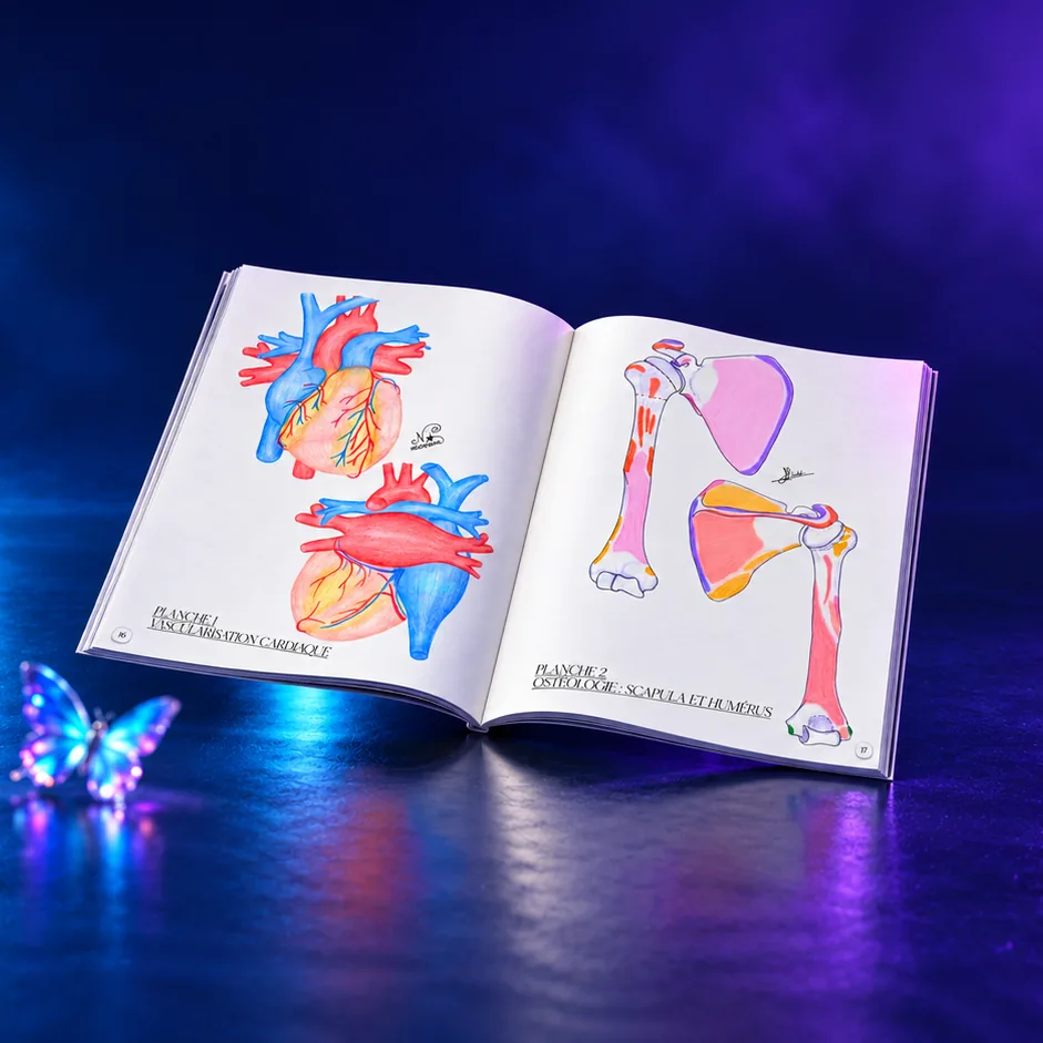 Hand-drawn anatomical plates of a heart, shoulder and arm bones