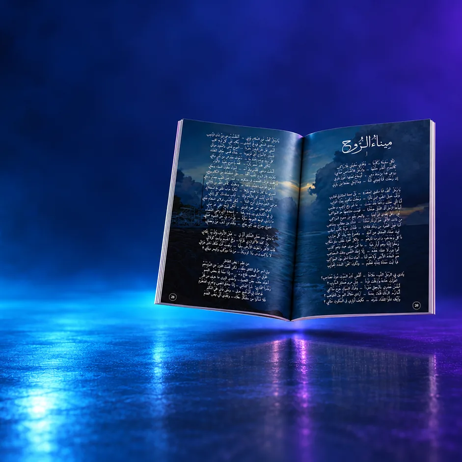 Arabic poetry spread over a night sea photograph